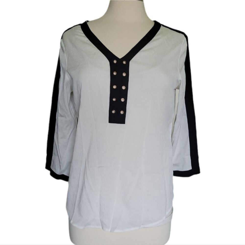 New York & Company Black & White Blouse W Eyelets